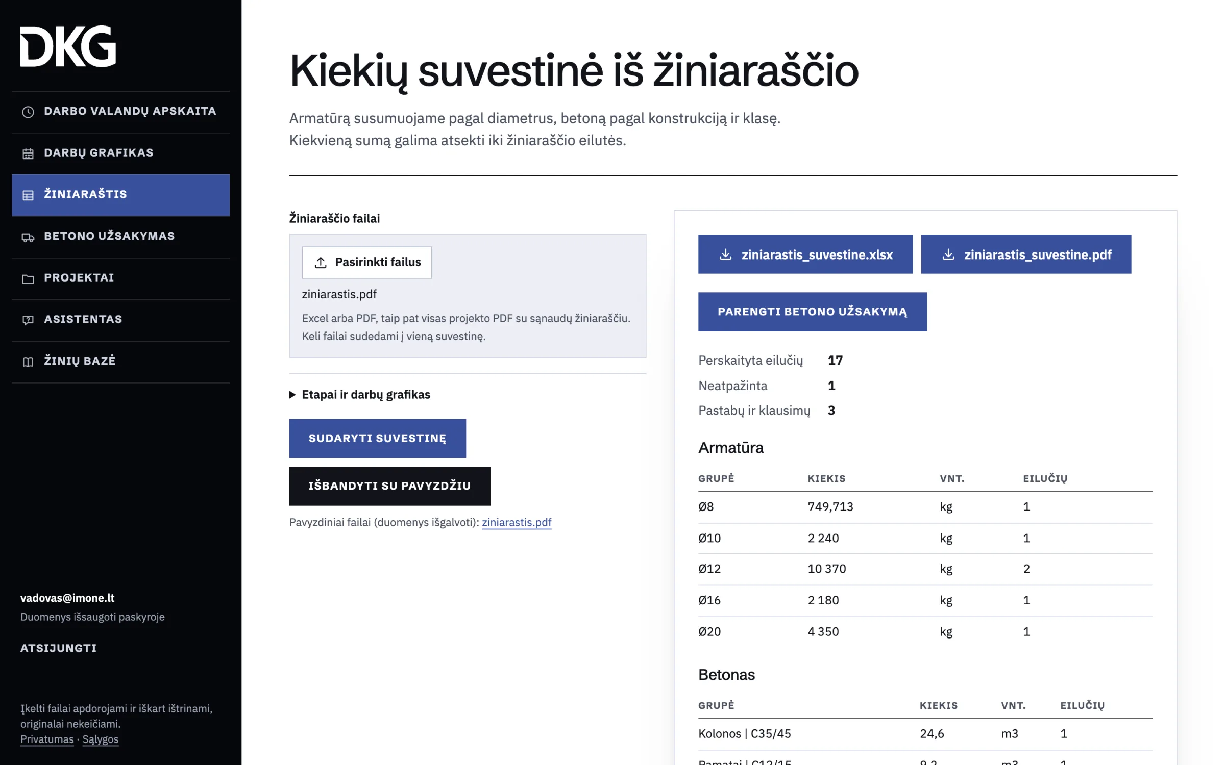 Programos langas: armatūros kiekiai pagal diametrą ir betono kiekiai pagal konstrukciją ir klasę
